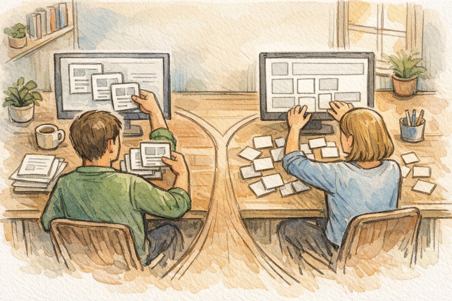 WordPress 投稿 複製 Duplicate Postとブロックパターン、二つの効率的な再利用方法を比較するイラスト