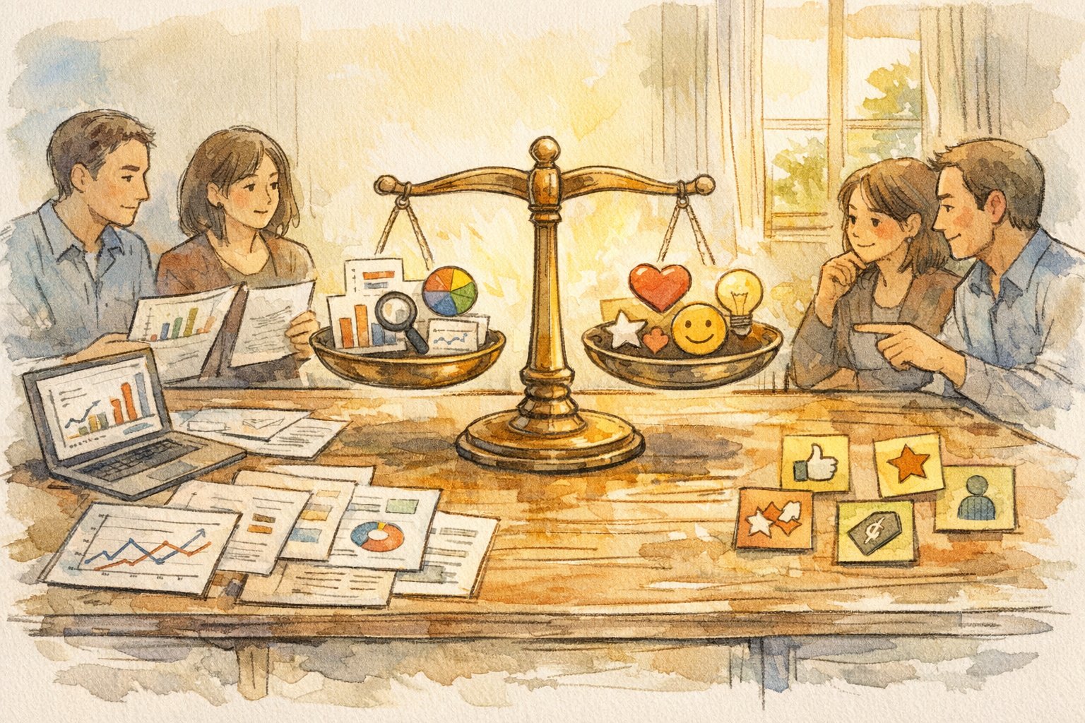 データと経験をバランスよく評価軸に反映し、信頼できるランキング記事 作り方を考えるシーン