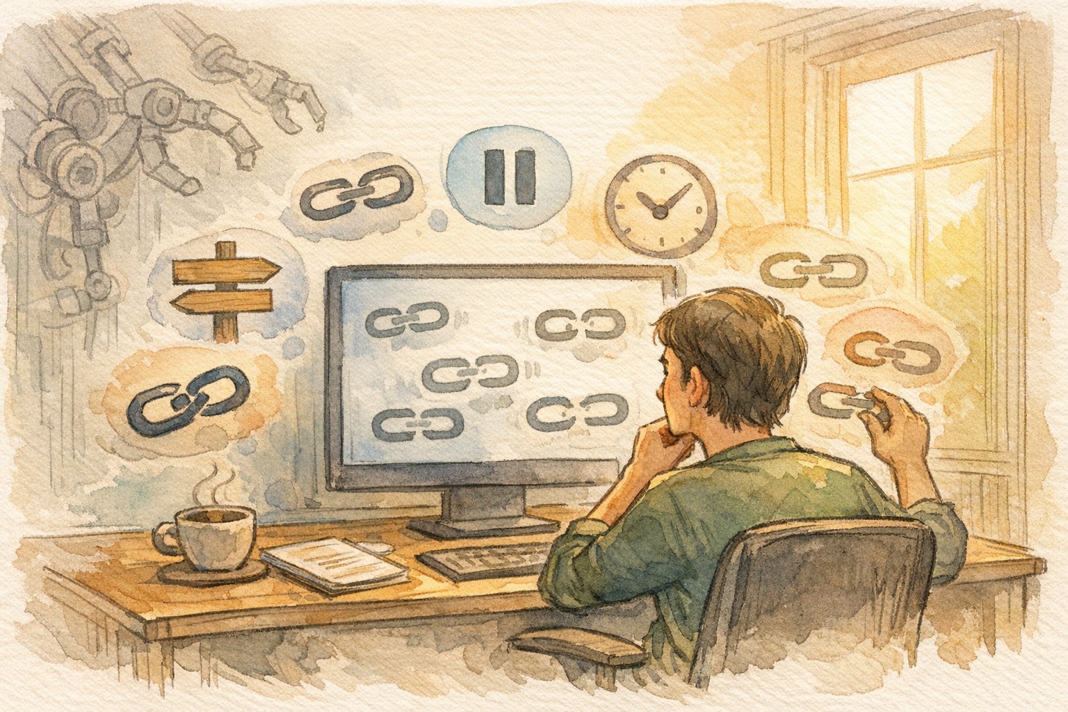 Broken Link Checker リンク切れ通知と自動検出、人の判断バランスを示す手書きイラスト