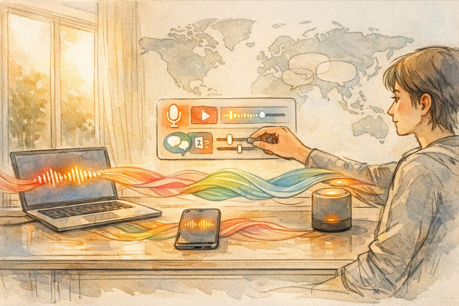 AI 音声合成 ツールでブランドボイスを統一し、多言語チャネルへ一貫発信する様子