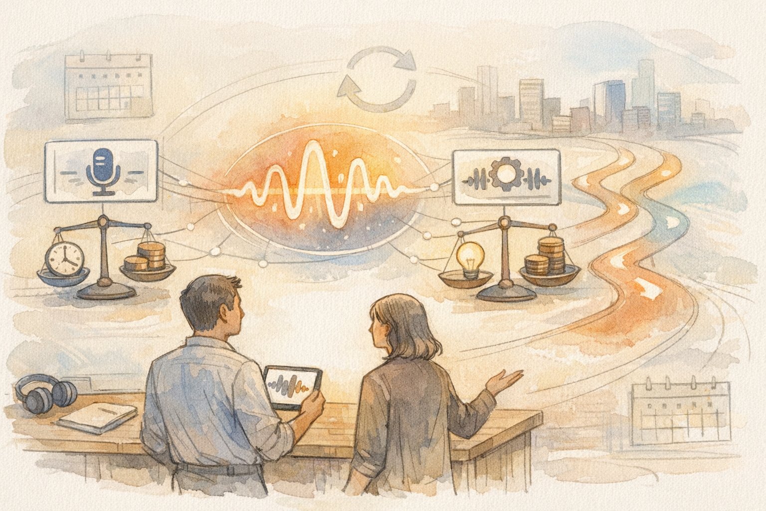 AI 音声合成 ツールの効率性と独自性、運用コストとリスクを考えるイラスト