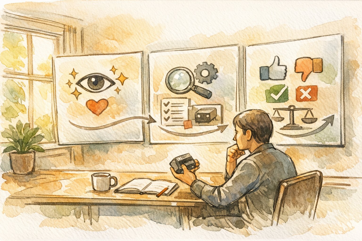 レビュー記事 構成の基本フローを示すデスク周りの手描きイラスト