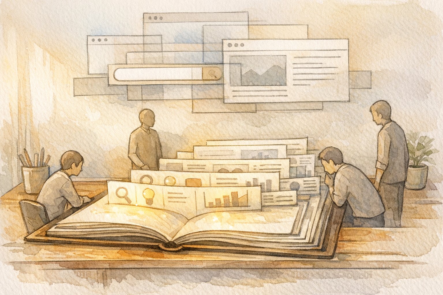 検索意図に沿って整理されたノートと検索窓、レビュー記事 構成の流れを象徴的に表現