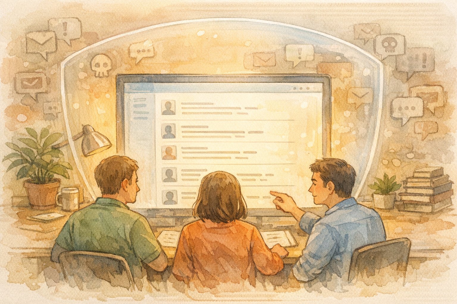 Akismet Anti-Spam 必要性を示す手描きイラスト、穏やかな画面がスパムから守られた状態