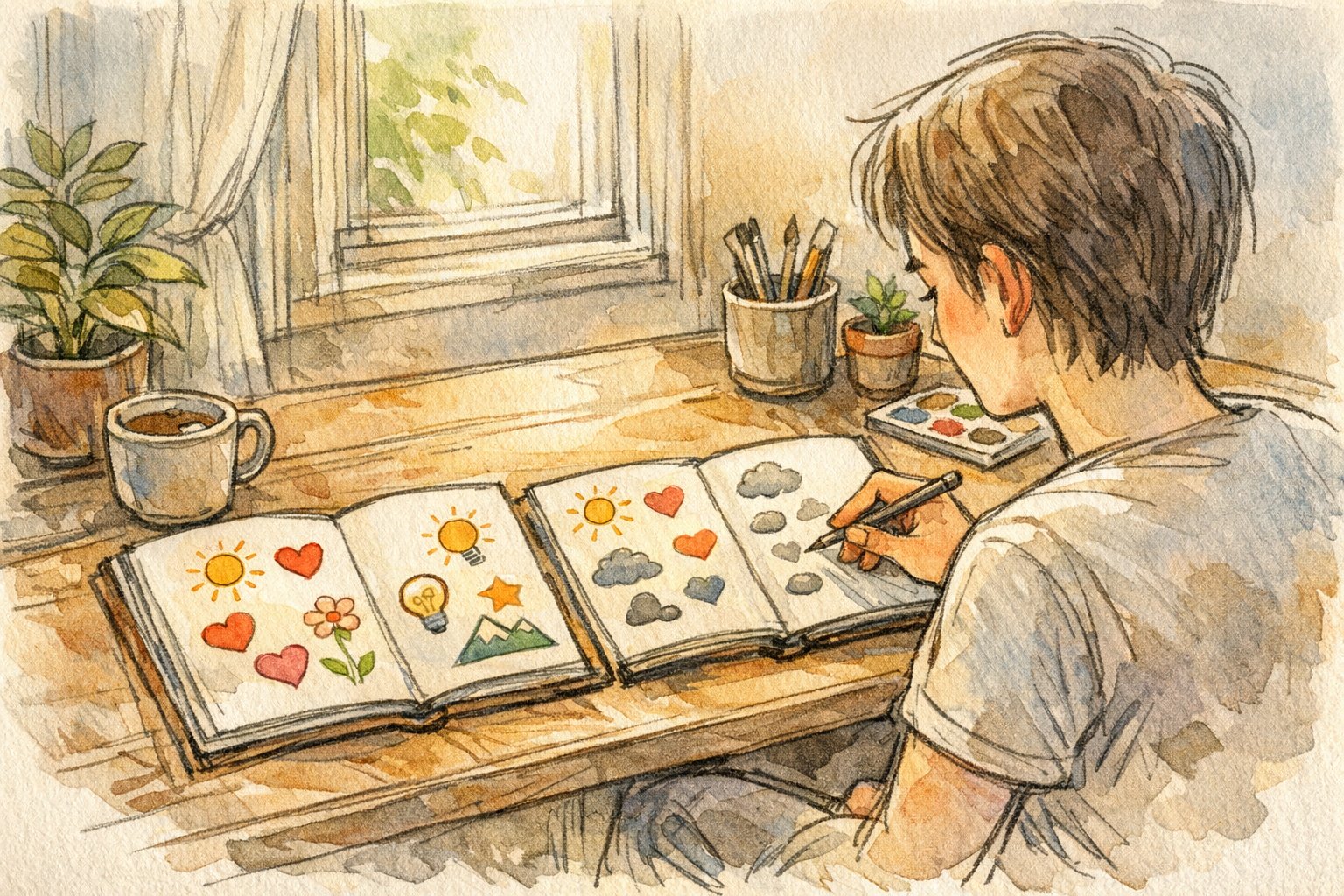 デスクでノートに利点と欠点を描き分ける人物、デメリット 記事に書く 理由のバランスを象徴