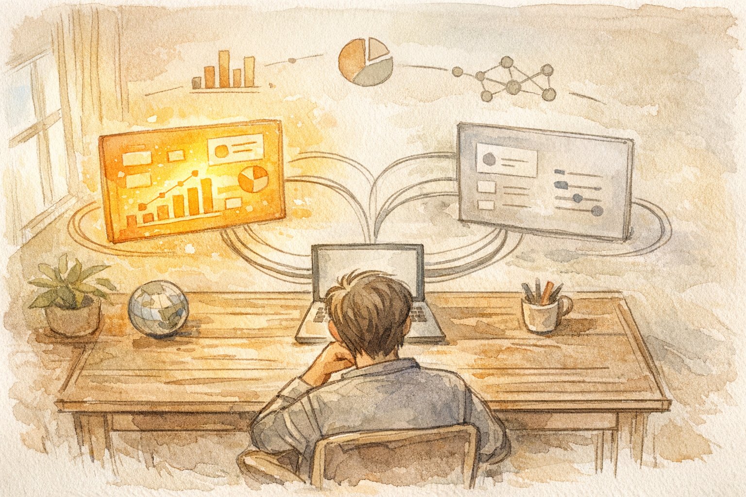 SiteKit by Google 連携方法を俯瞰し、アクセスと抑制のバランスを考えるワークスペースイラスト