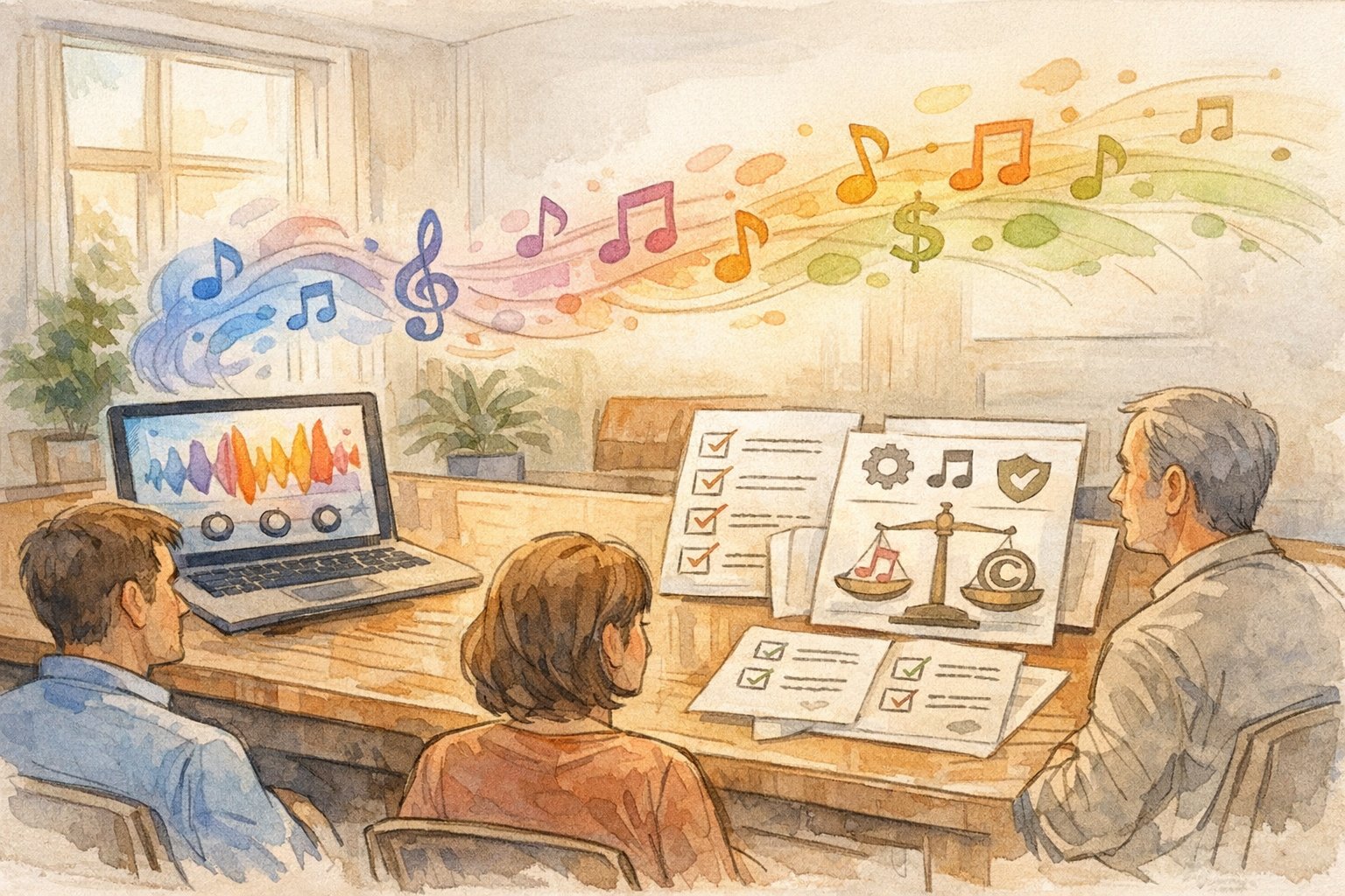 AI 音楽生成 方法のツール選定を検討するマーケ担当者と評価基準のイラスト