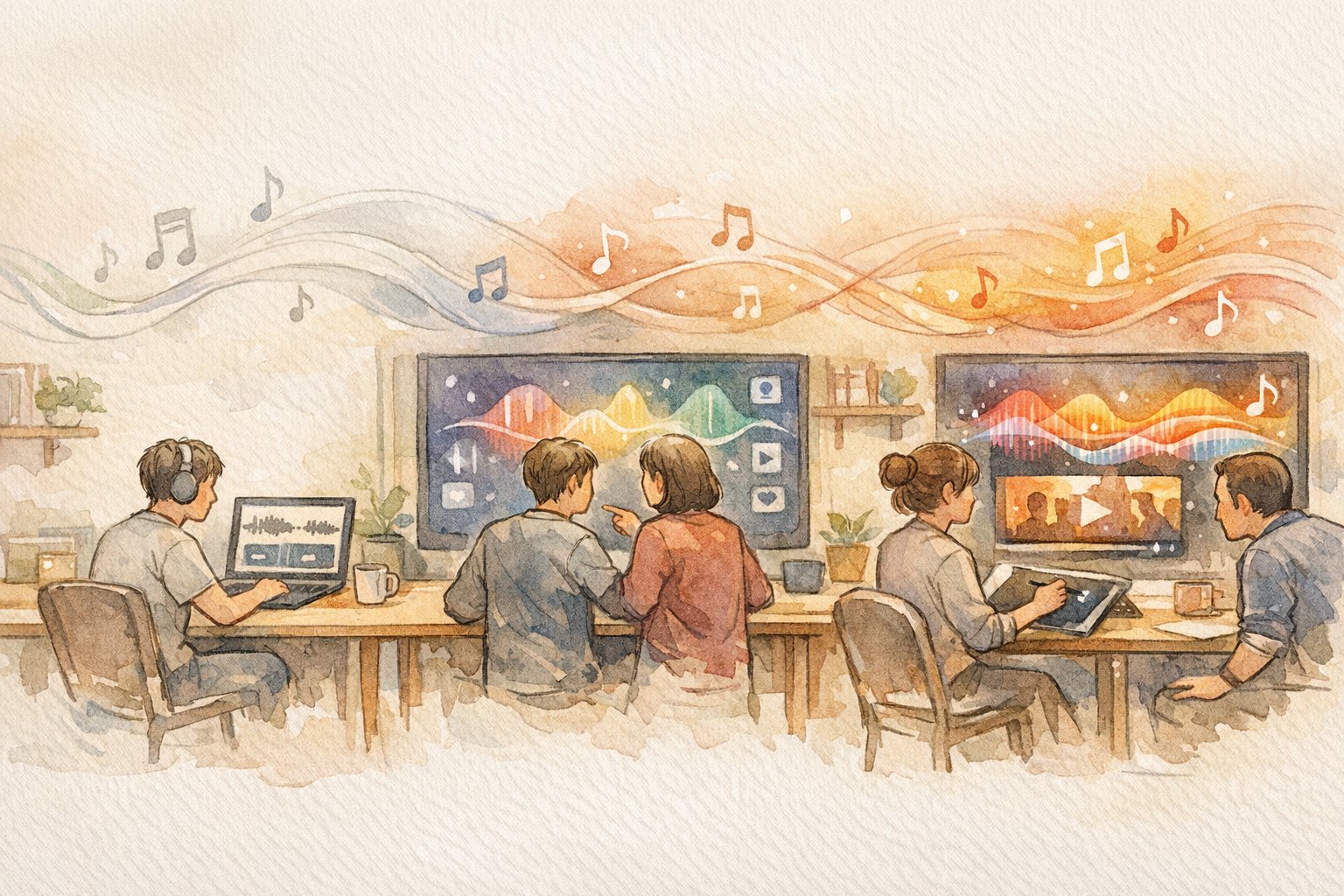 制作フローにAI 音楽生成 方法を段階的に組み込み、効率と品質を高める様子