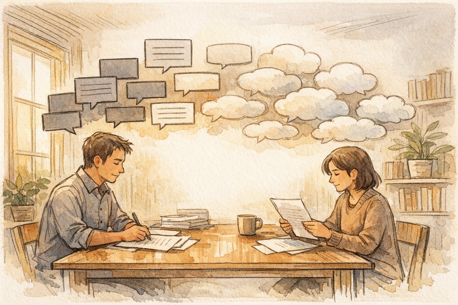 信頼性 高める 記事の構成と表現を話し合う二人と柔らかなワークスペース