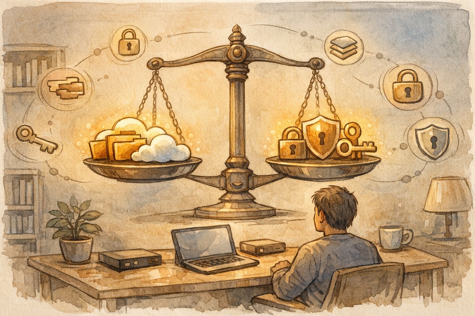 WordPress バックアップ UpdraftPlusの導入で、クラウド保存とセキュリティの繊細なバランスを象徴するイラスト