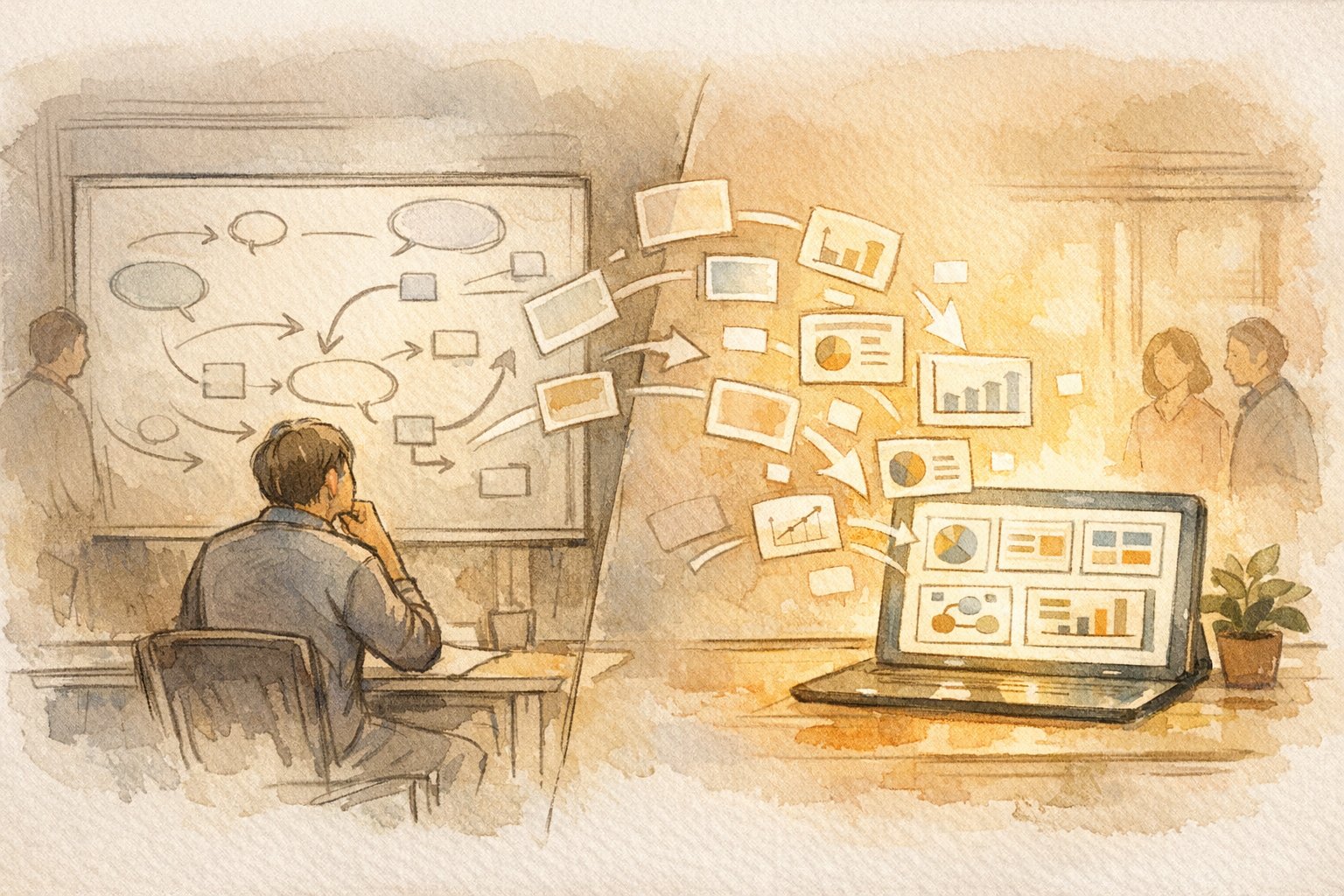 人の思考とAI プレゼン資料 作成 ツールが連携し、構想からスライド完成までを俯瞰するイラスト