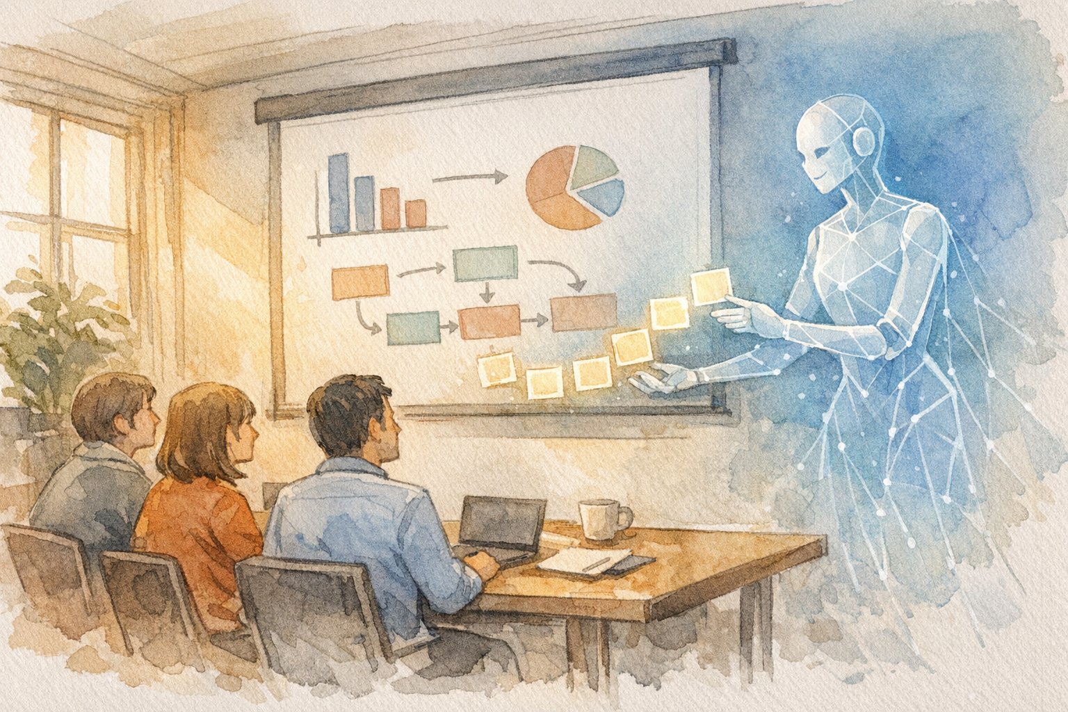 AI プレゼン資料 作成 ツールが会議室でのマーケティング判断を静かに支援する様子