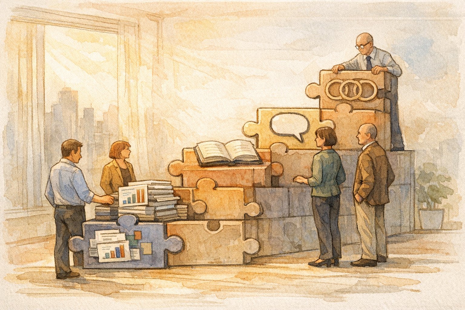 権威性 出し方を段階的に示す階段状パズルと人物たち、実績と継続性を整理するビジネスシーン