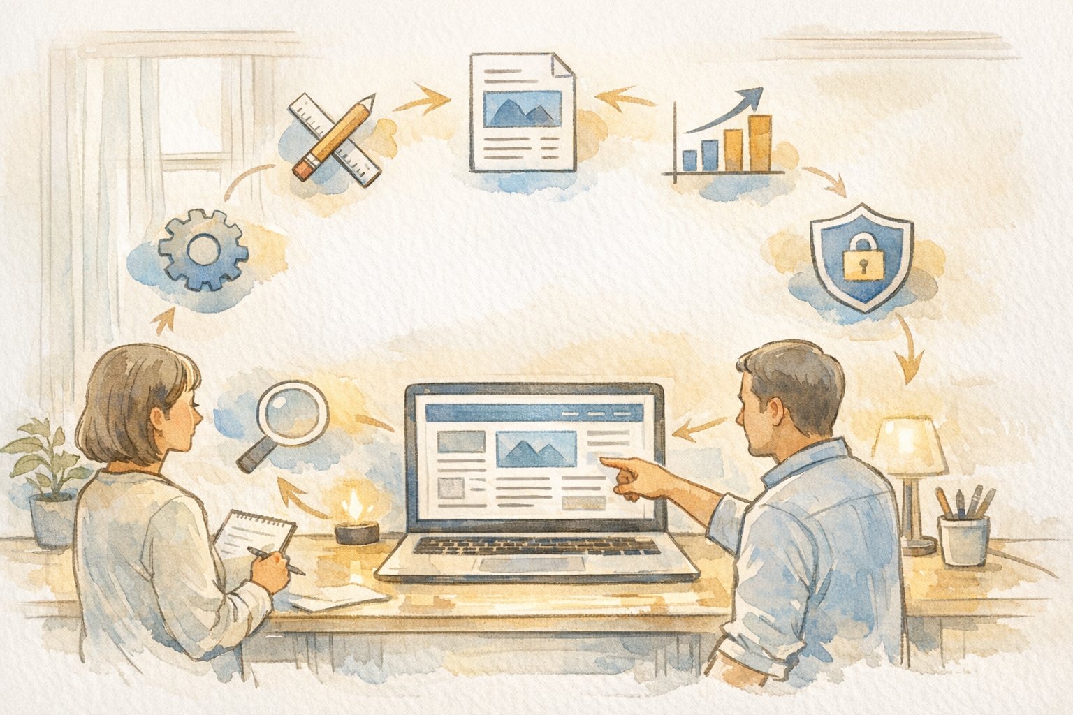 整ったデスクとWebサイト画面を前に権威性 出し方を検討するビジネスパーソン