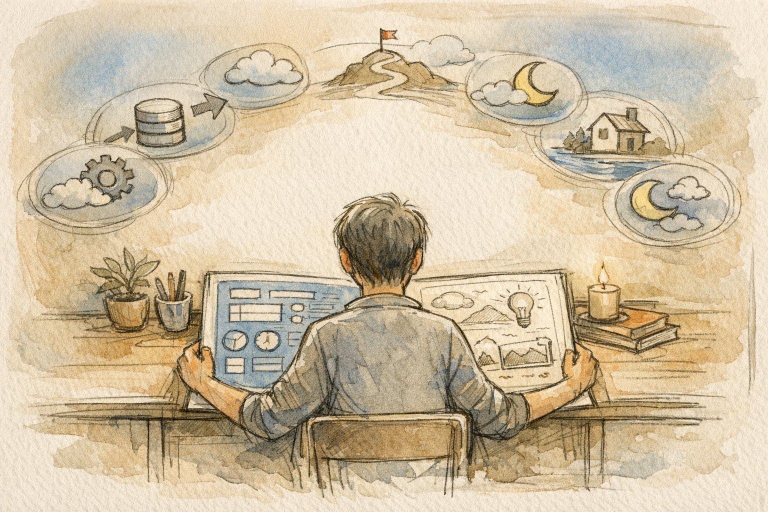 BackWPup エラー 対処の学びを象徴する二層構造の設計図を静かに見直す人物