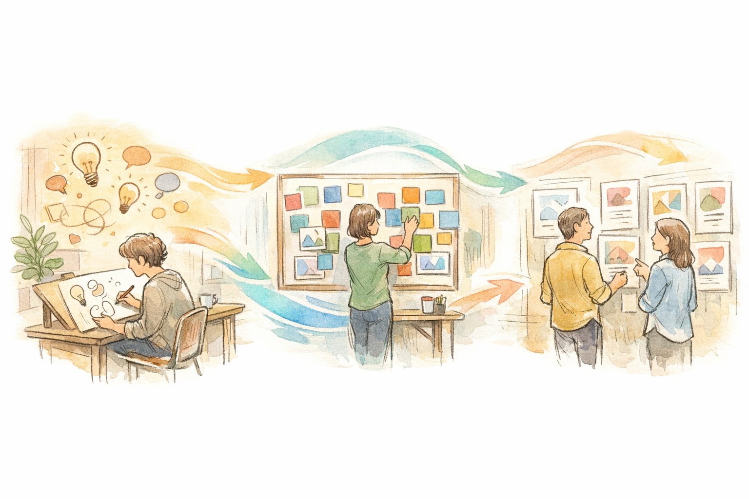 Canva AI 使い方の実務フロー、企画から制作・検証までの3段階を示す手描きイラスト