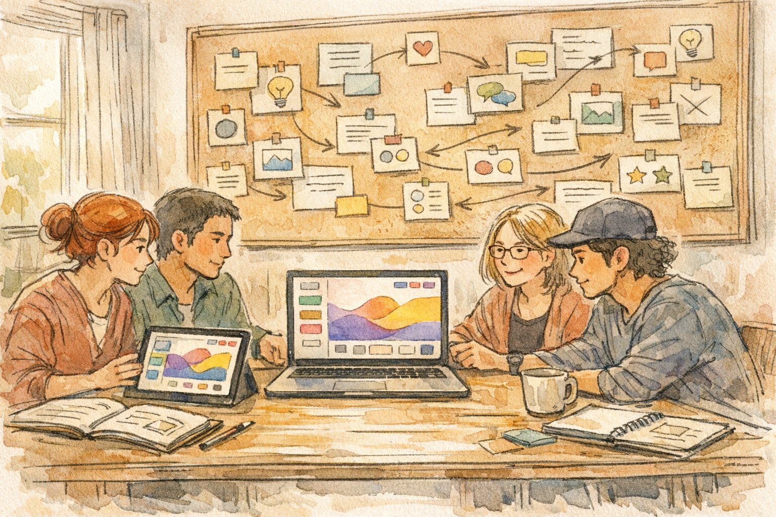 Canva AI 使い方をチームで共有しながら議論するオフィス風景イラスト