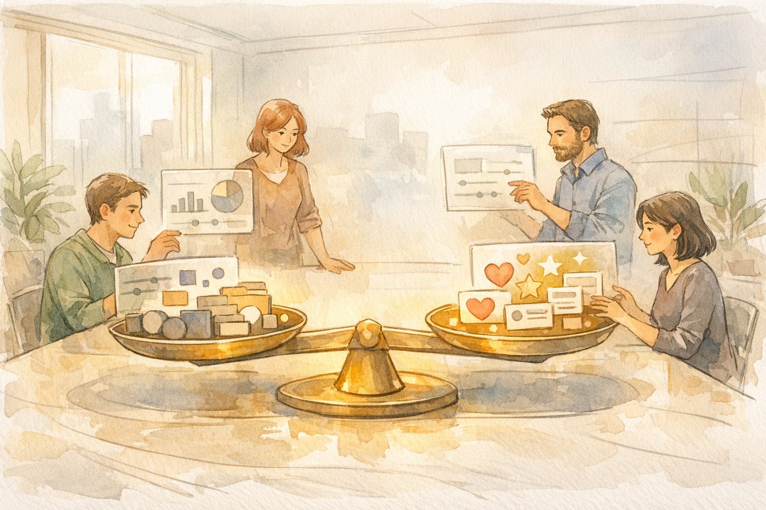 パーソナライズ コンテンツにおけるデータ活用と利用者利益の繊細なバランスを示すイラスト