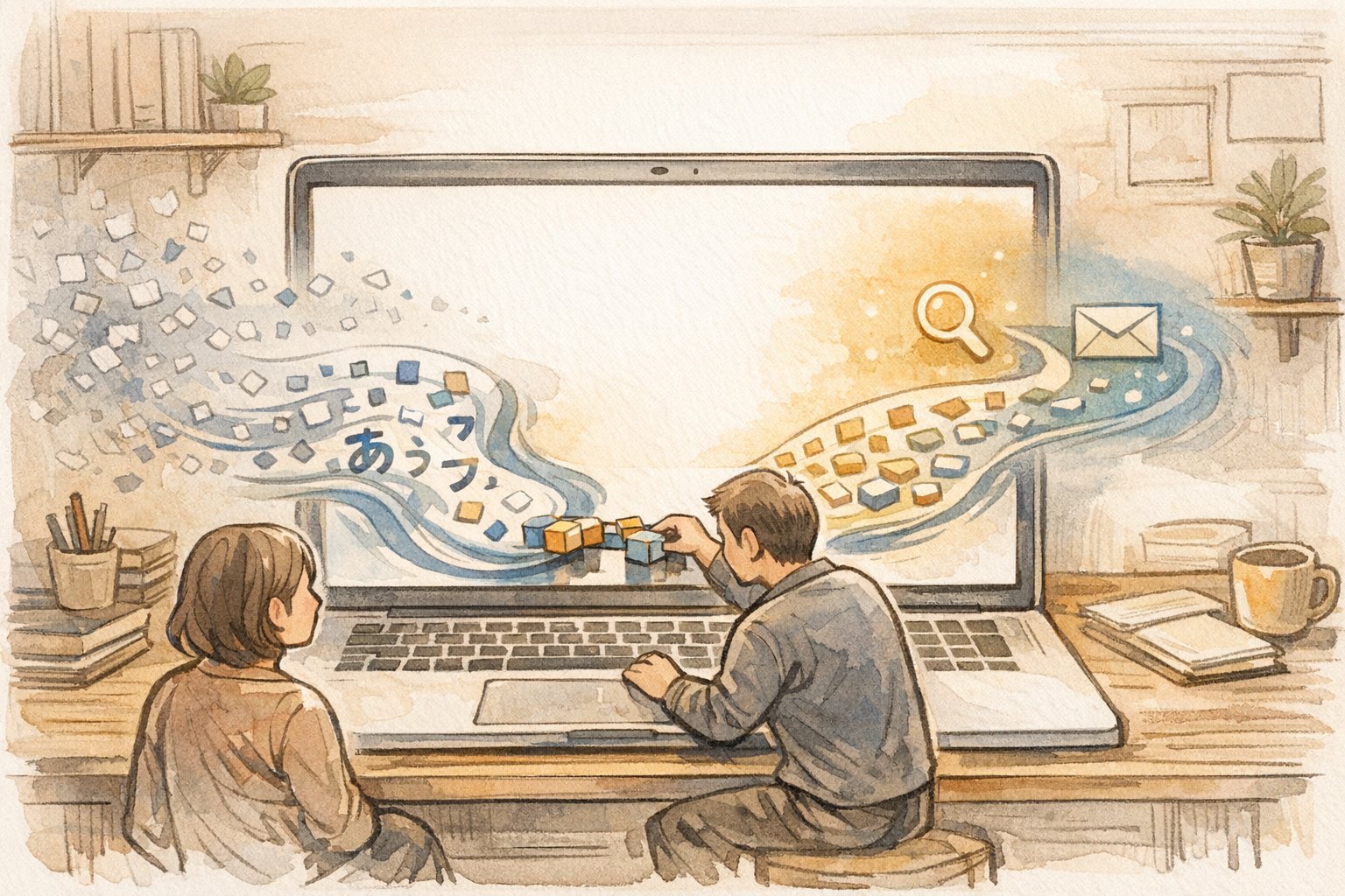 WP Multibyte Patch なぜ必要かを象徴的に示す、日本語と英字の文字列が調和するワークスペースイラスト