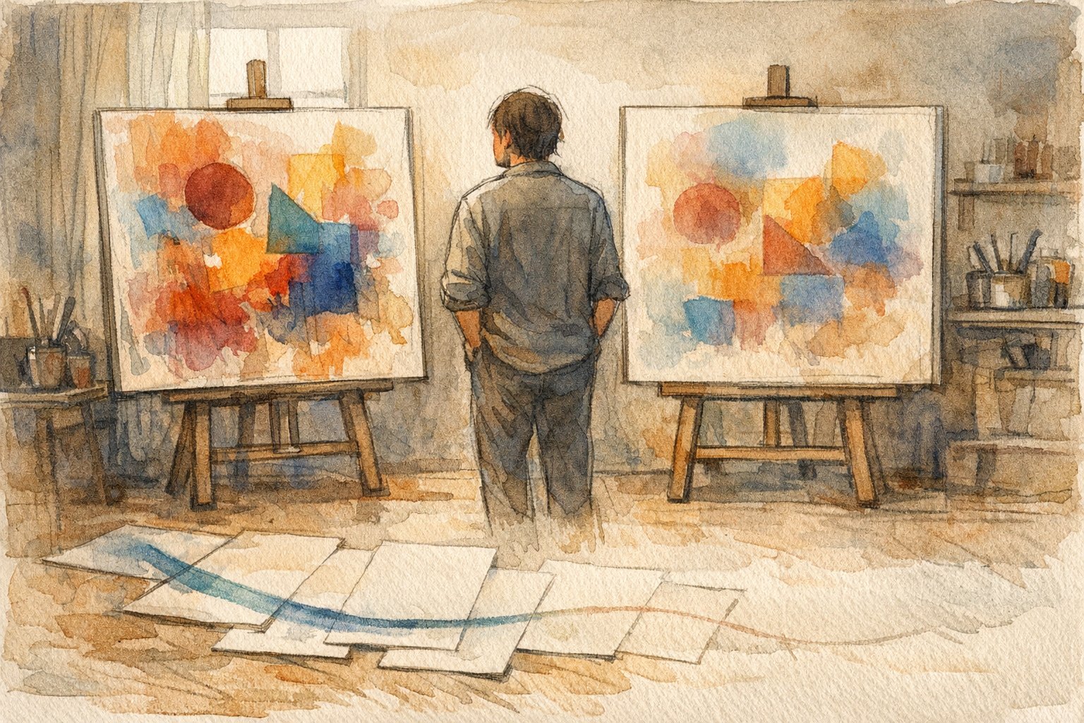 AI 画像生成 著作権 侵害 ラインを象徴する二枚の絵を比較する人物の静かなアトリエ