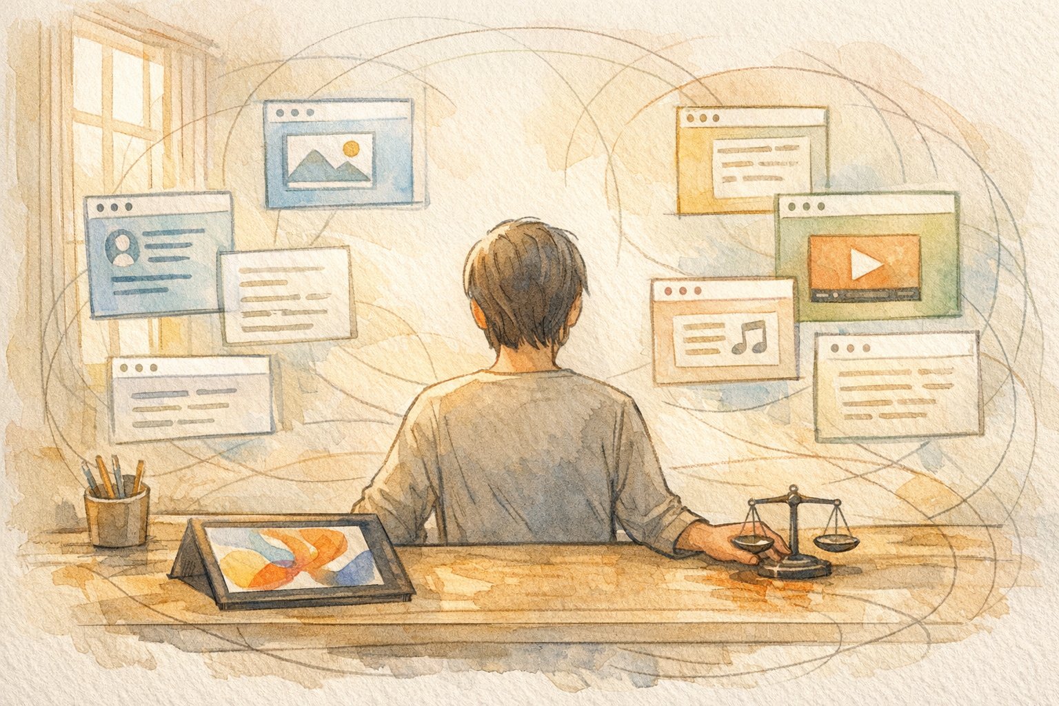 AI 画像生成 著作権 侵害 ラインを天秤で比較しつつ各プラットフォーム規約を検討する場面