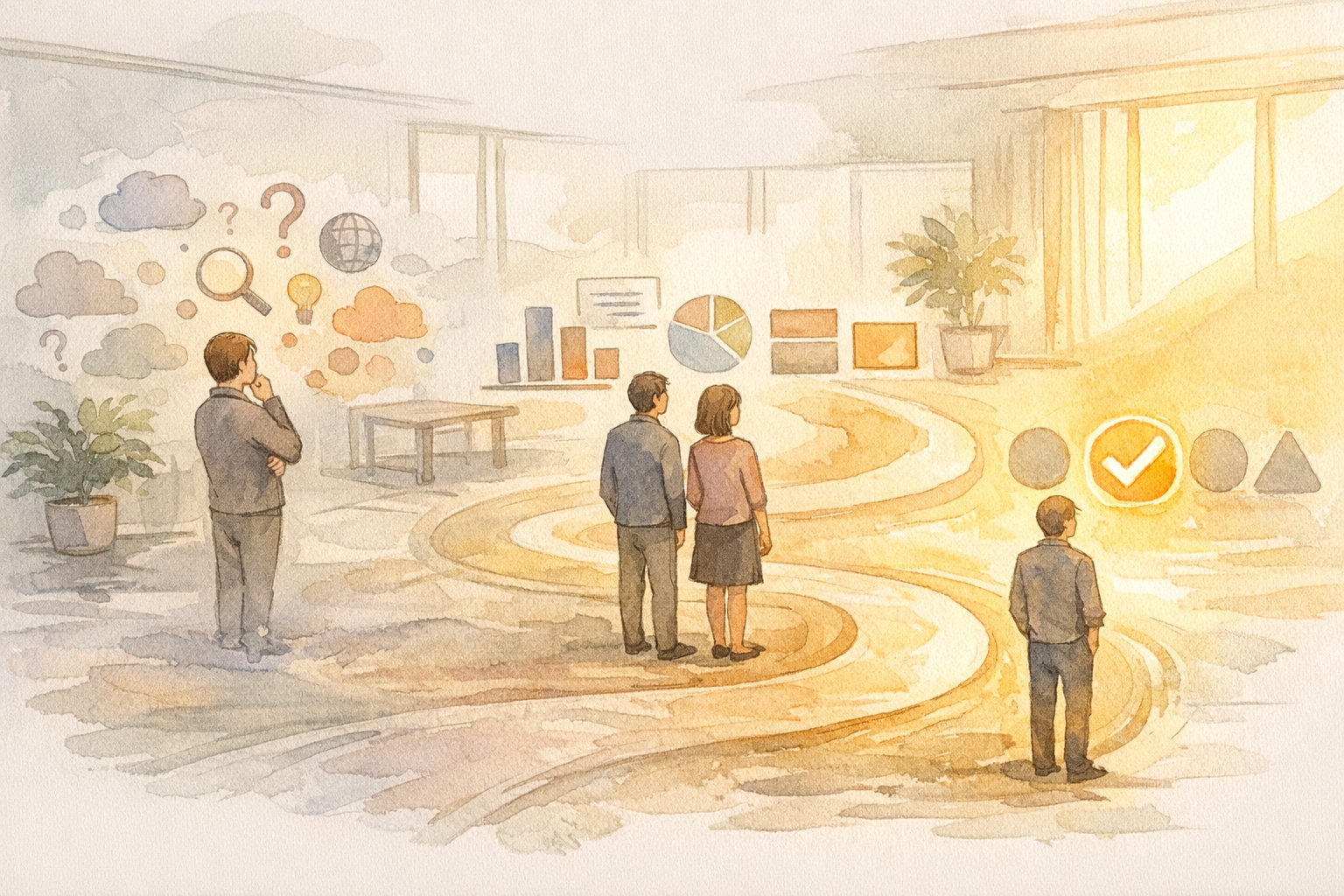 B2B SEO 戦略を顧客の思考プロセスから可視化したキーワード設計の流れイラスト