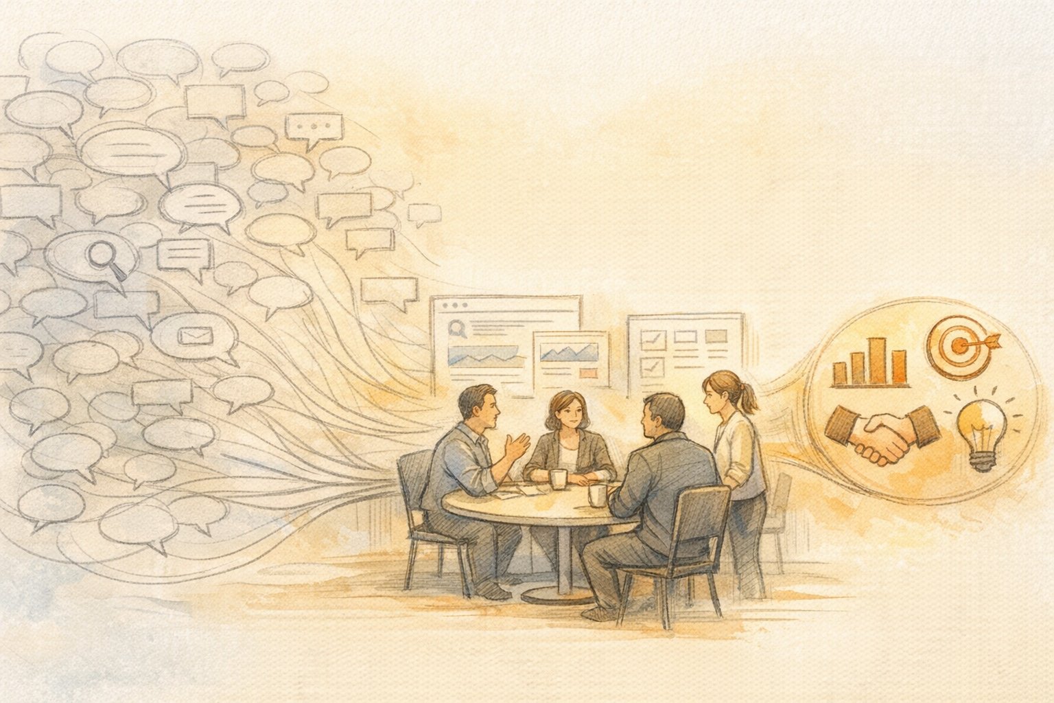 営業プロセスとB2B SEO 戦略の接点を象徴する会議風景イラスト