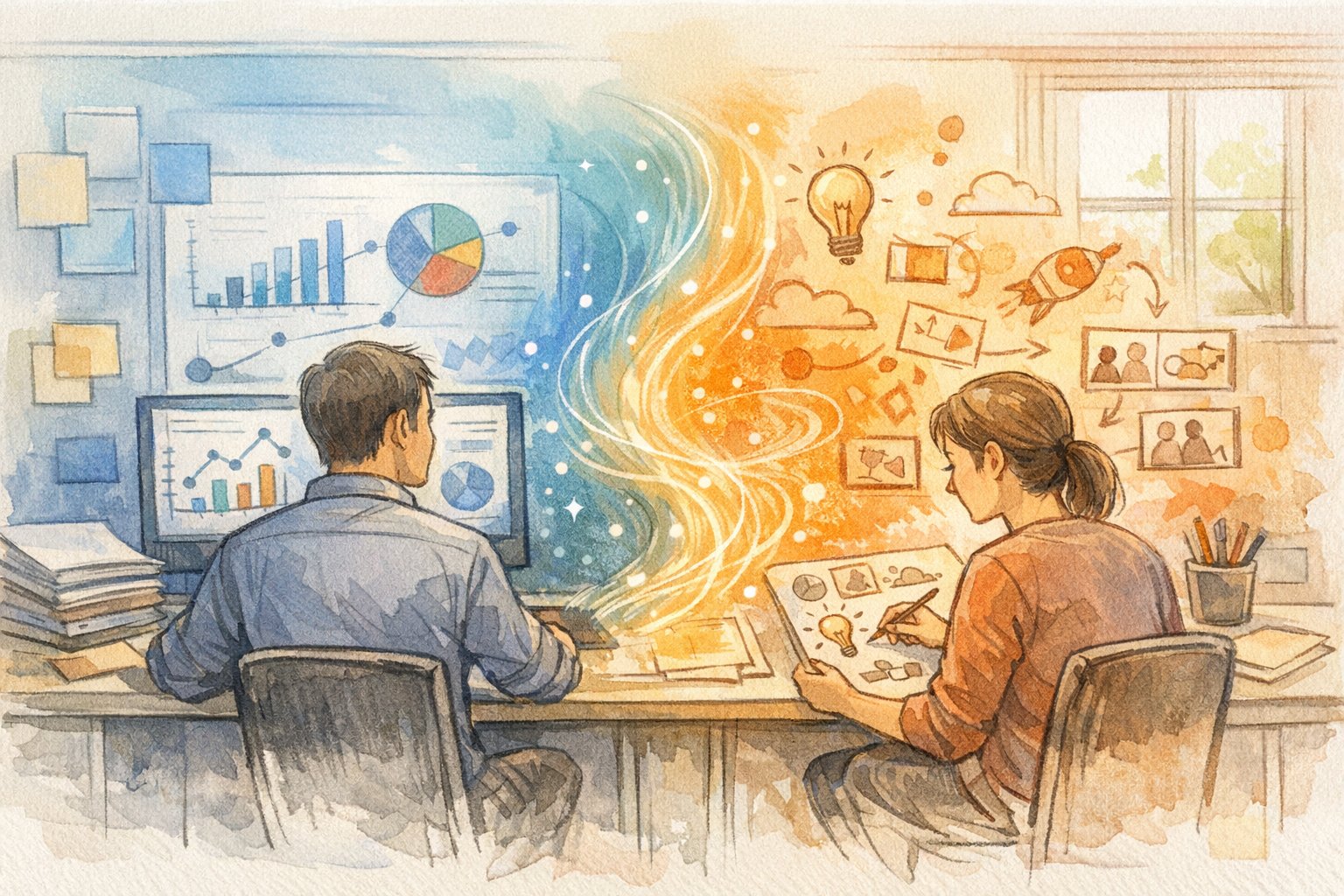 マーケティング現場で人とAIが協働し分析と発想をつなぐ様子, AI 業務効率化 事例