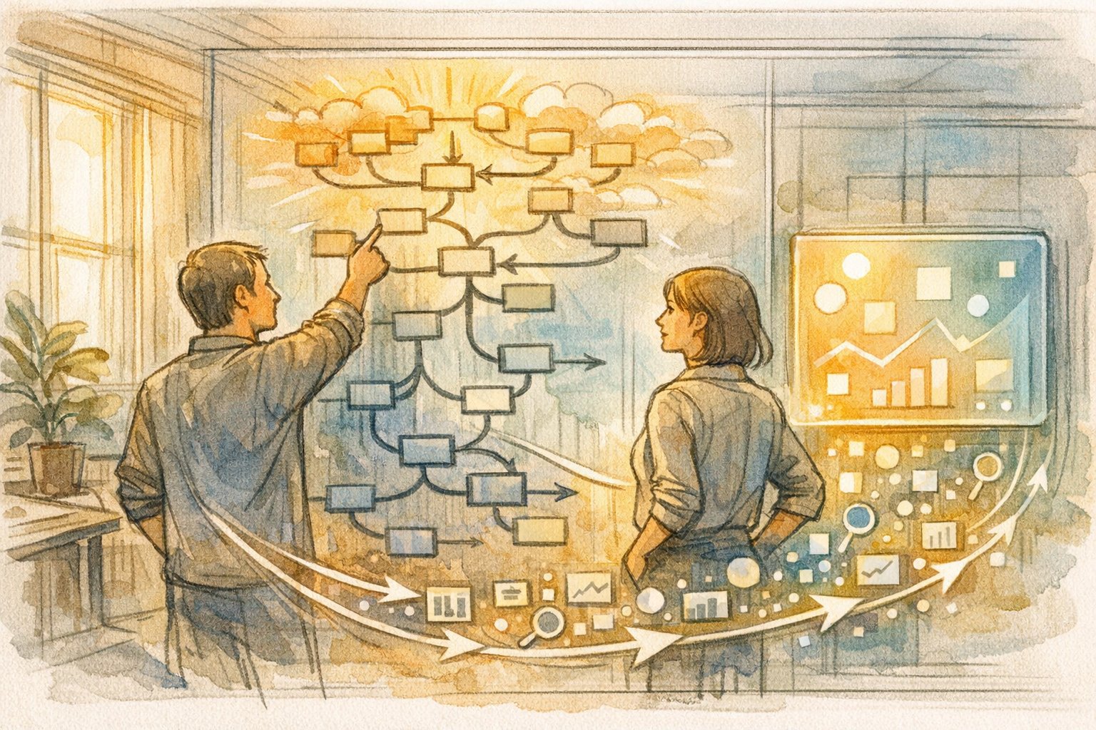 人が価値判断を担いAIが分析を支援する様子を示す、AI 業務効率化 事例のイメージ