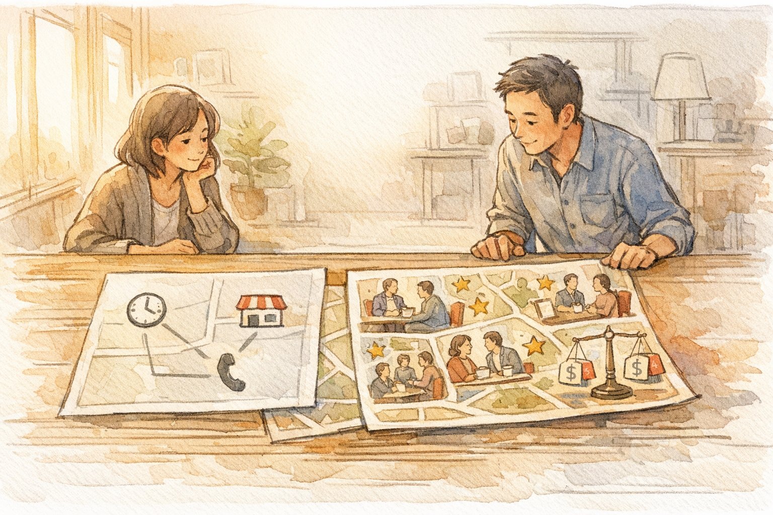 ローカルSEO 記事作成における店舗情報とコンテンツの境界を地図で比較するイラスト