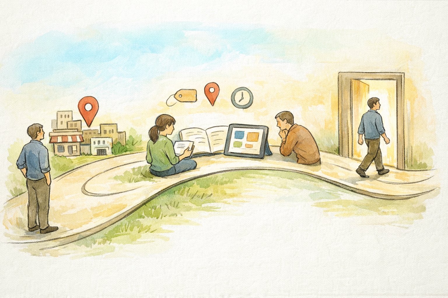 ローカルSEO 記事作成の流れを俯瞰し、概要から実践と行動までを道筋で示すイラスト