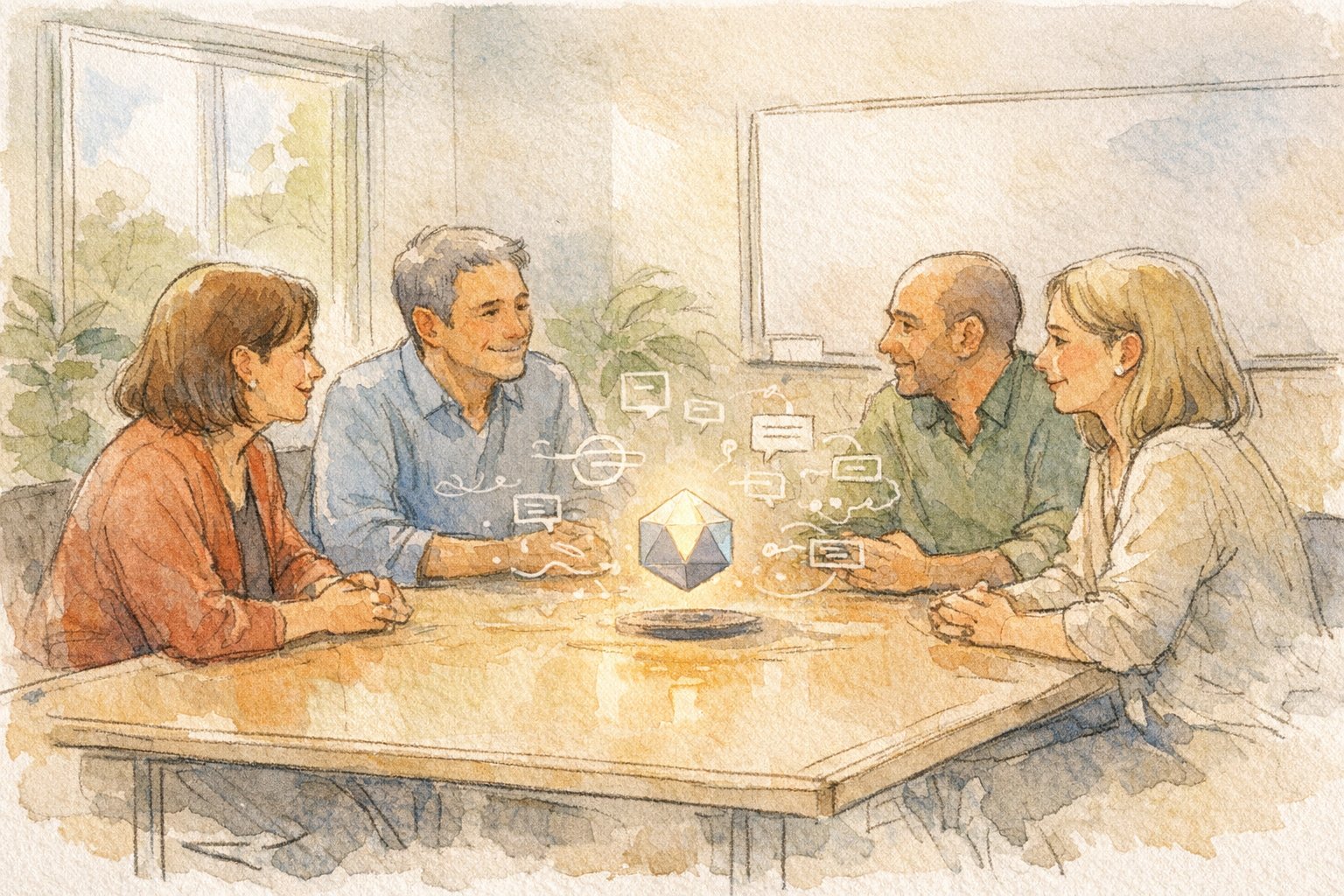 AI 会議議事録 自動作成で、人が対話に集中できる静かな会議室の様子を描いたイラスト