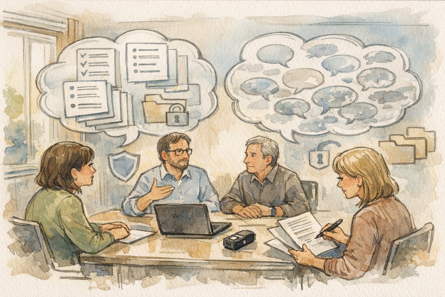 AI 会議議事録 自動作成の利点と限界、人の最終確認やセキュリティ配慮を示す会議風景