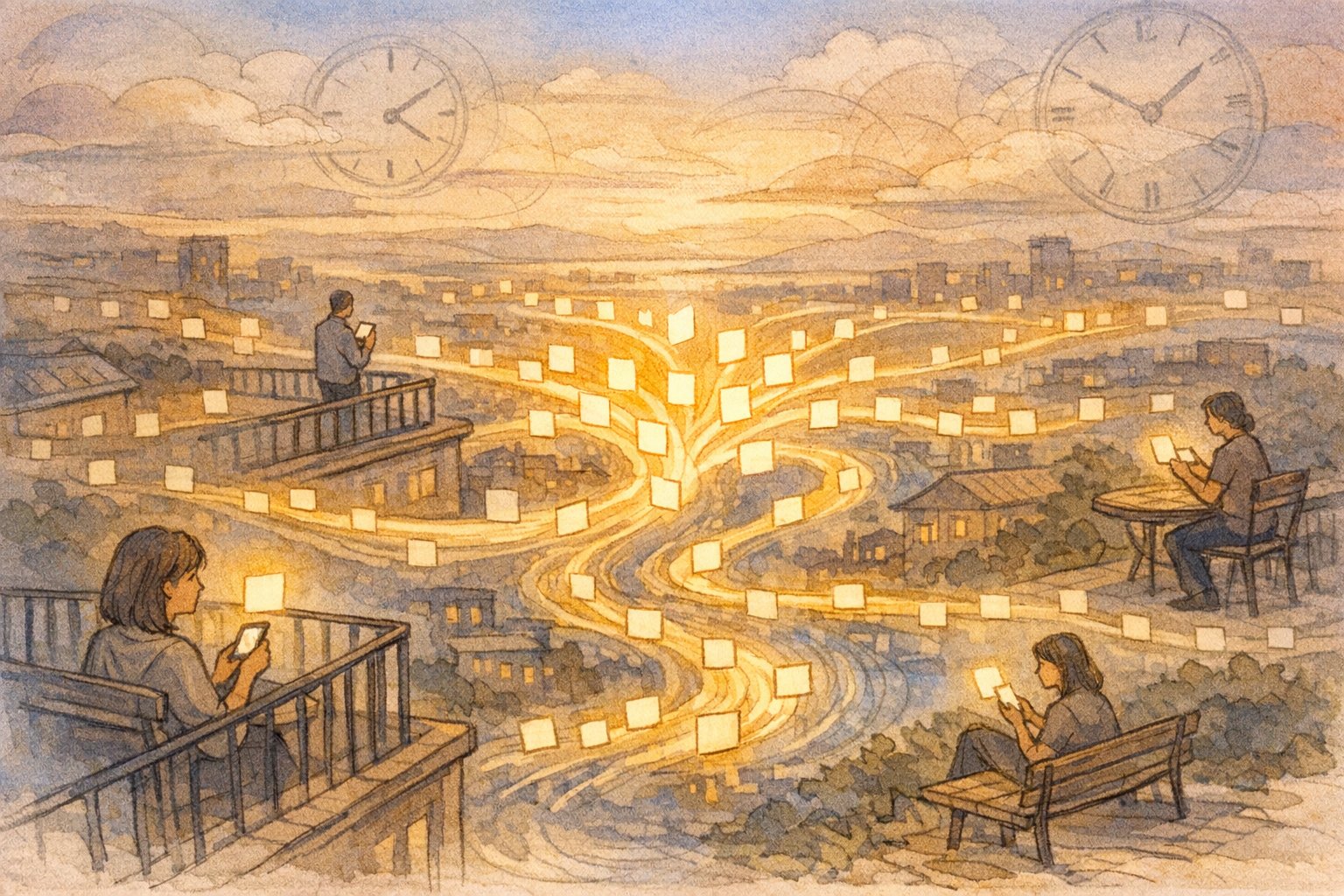 夕暮れの街と光の川に浮かぶ投稿カード、SNS 拡散 される 記事の静かな広がりを象徴的に表現