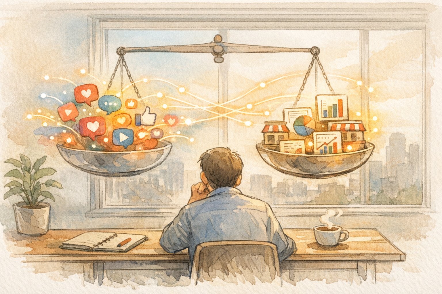 SNS 拡散 される 記事とビジネス目的のバランスを天秤で考えるワークスペースイラスト
