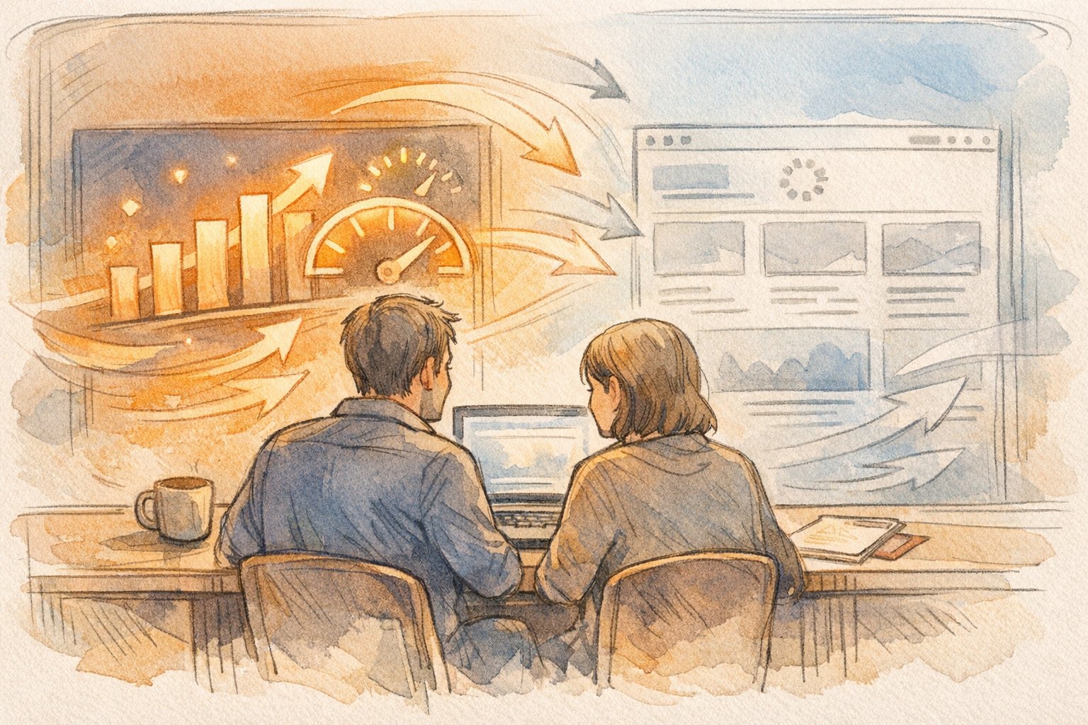 WP Rocket 爆速化 効果で数値は速く見えるが体感速度との差を静かに見つめる二人