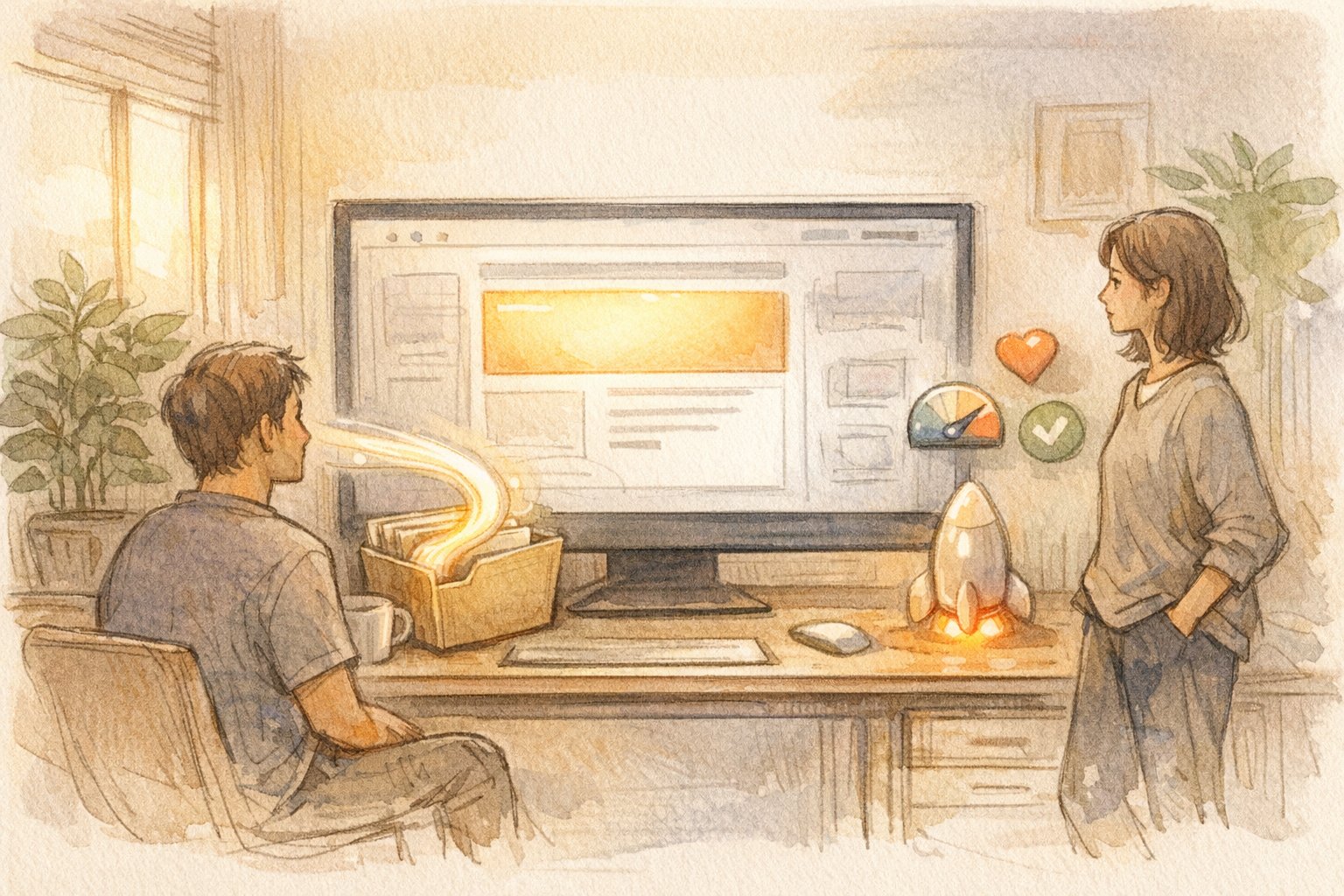 WP Rocket 爆速化 効果とCore Web Vitalsの関係、安定表示と穏やかな高速化を示すワークスペースイラスト