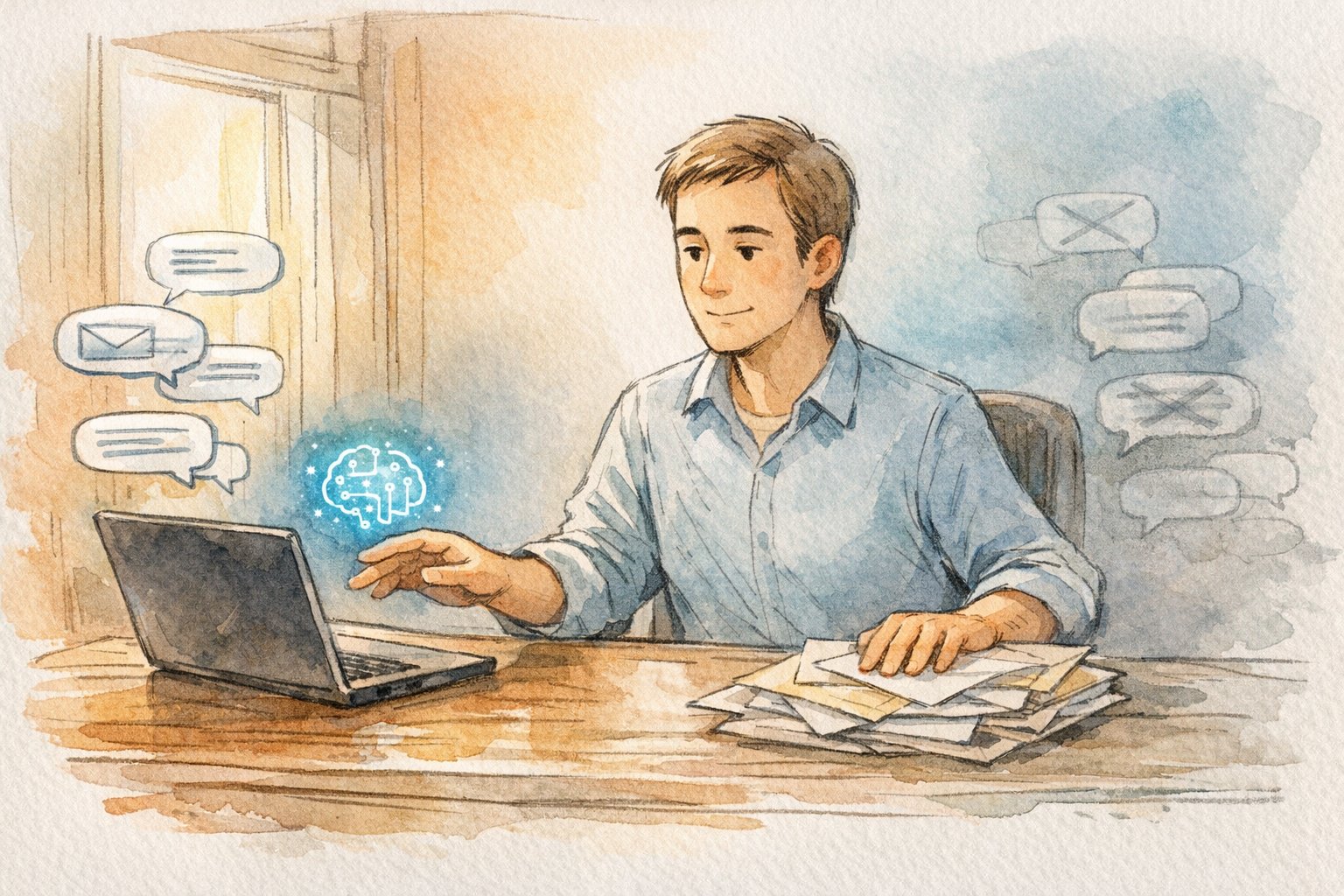 AI メール返信 自動化と人の目による内容確認のバランスを描いたイラスト