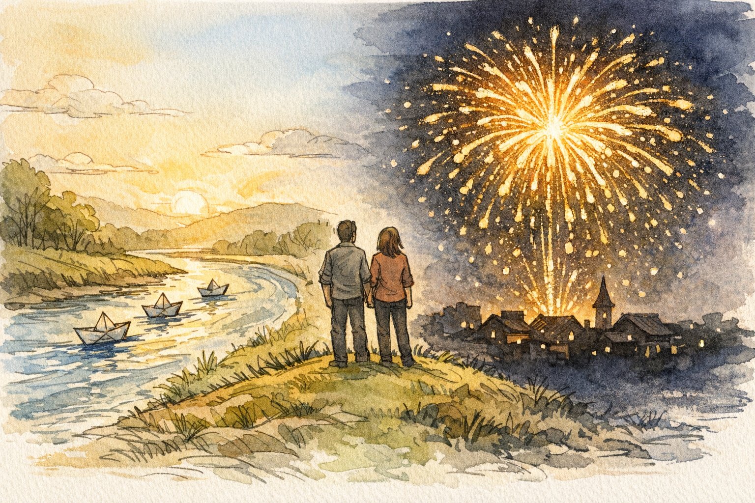 静かに成長する川と一瞬輝く花火を対比しバズる 記事 特徴 を表現