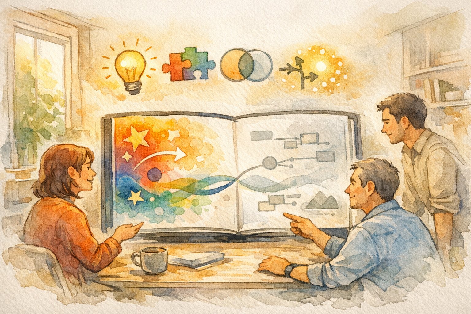 バズる記事の特徴を図解風に表現し、驚きから理解共有までの流れを示すイラスト