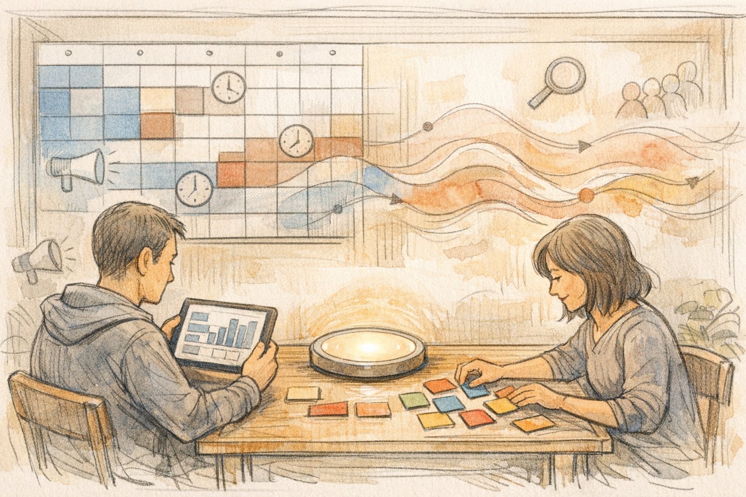 AI スケジュール管理でマーケティング施策の時間設計と変化を可視化するイラスト