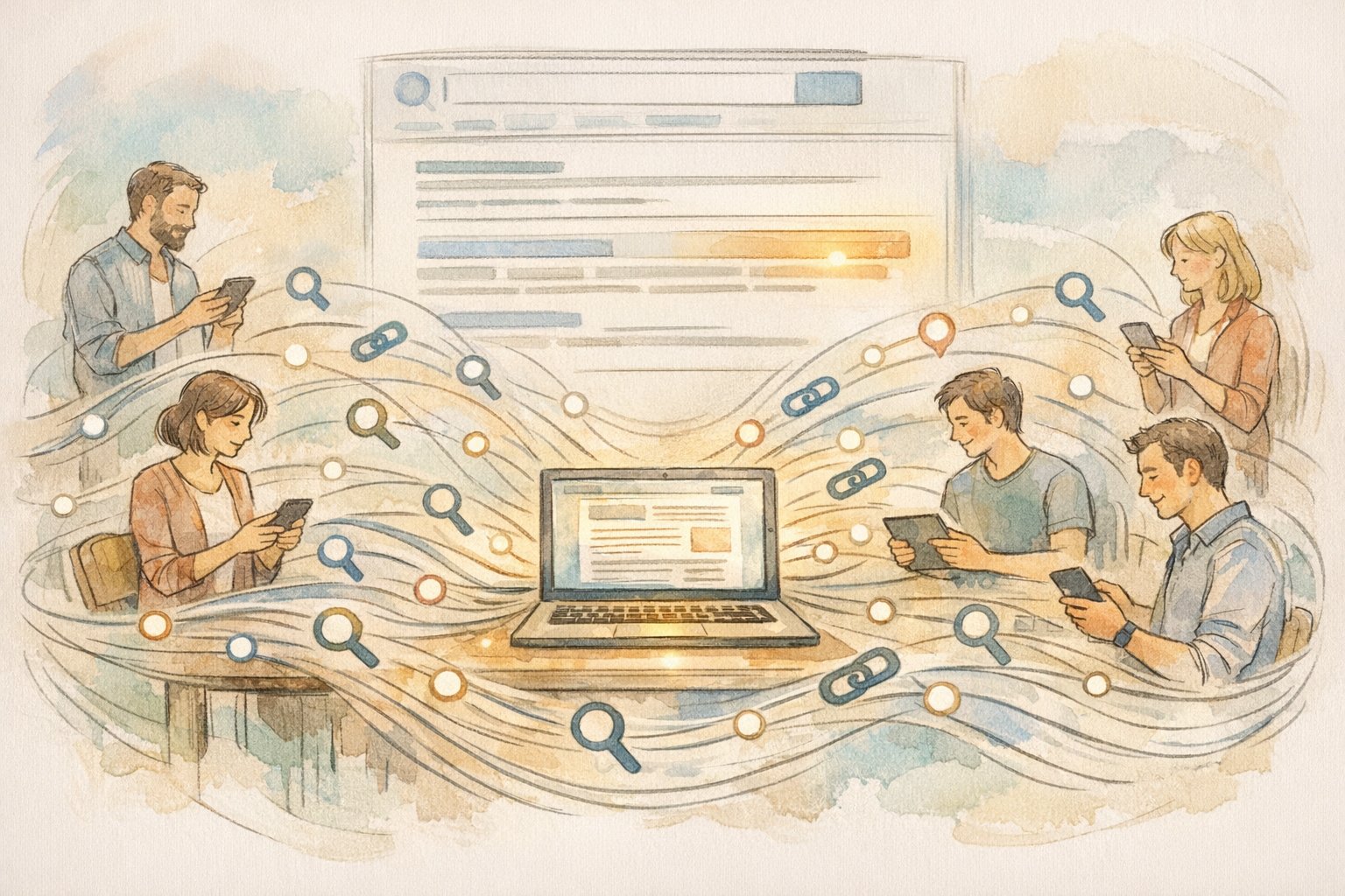 インフルエンサー 寄稿 SEOで拡散される検索関心と被リンク、ブランド認知向上のイメージ