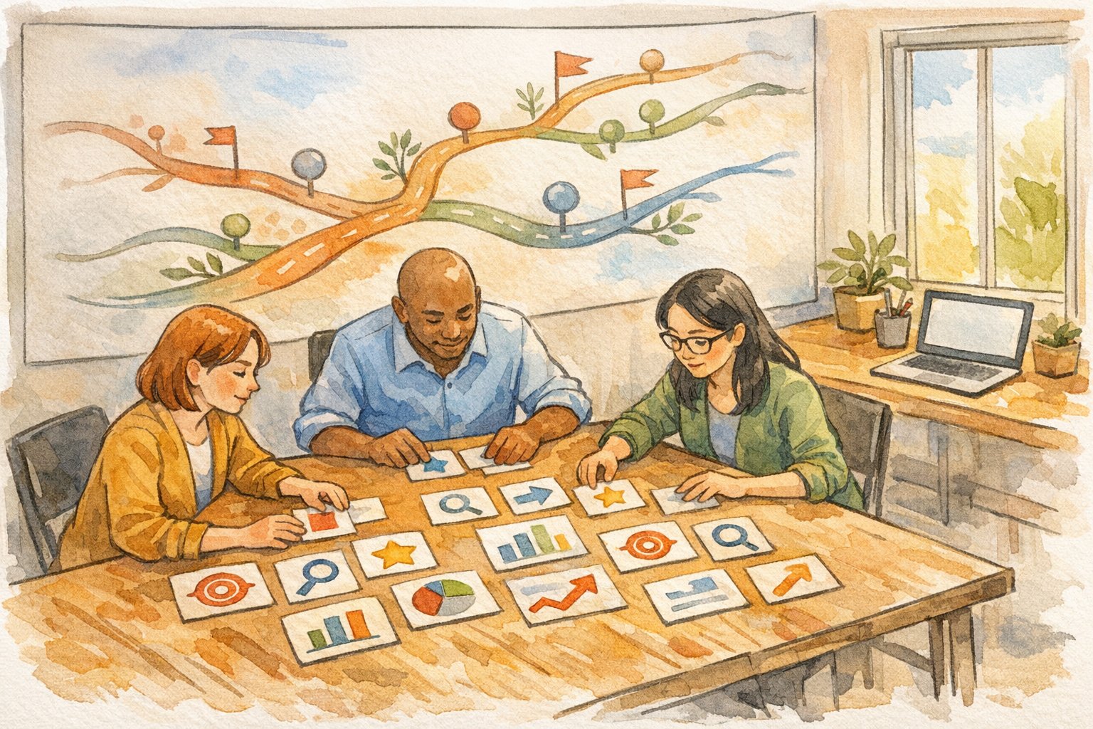 インフルエンサー 寄稿 SEO戦略をチームで設計する様子、長期的な成長ロードマップと共同作業