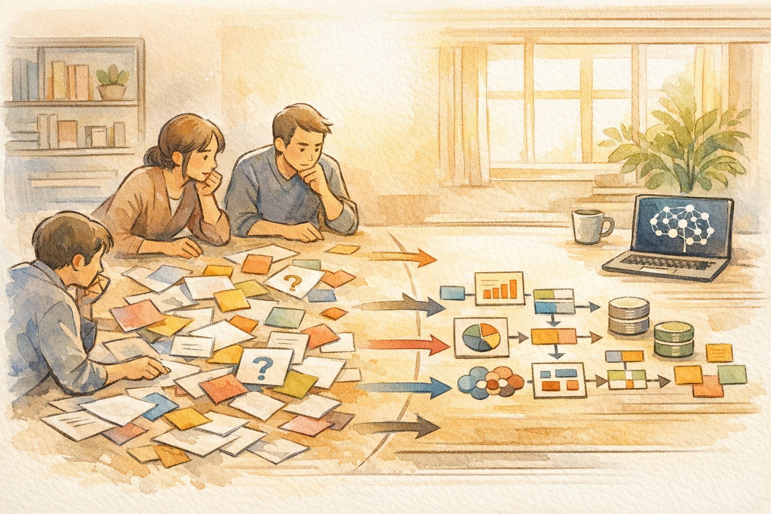 マーケティング視点でAI データ分析 やり方の流れを、人と資料で整理する様子