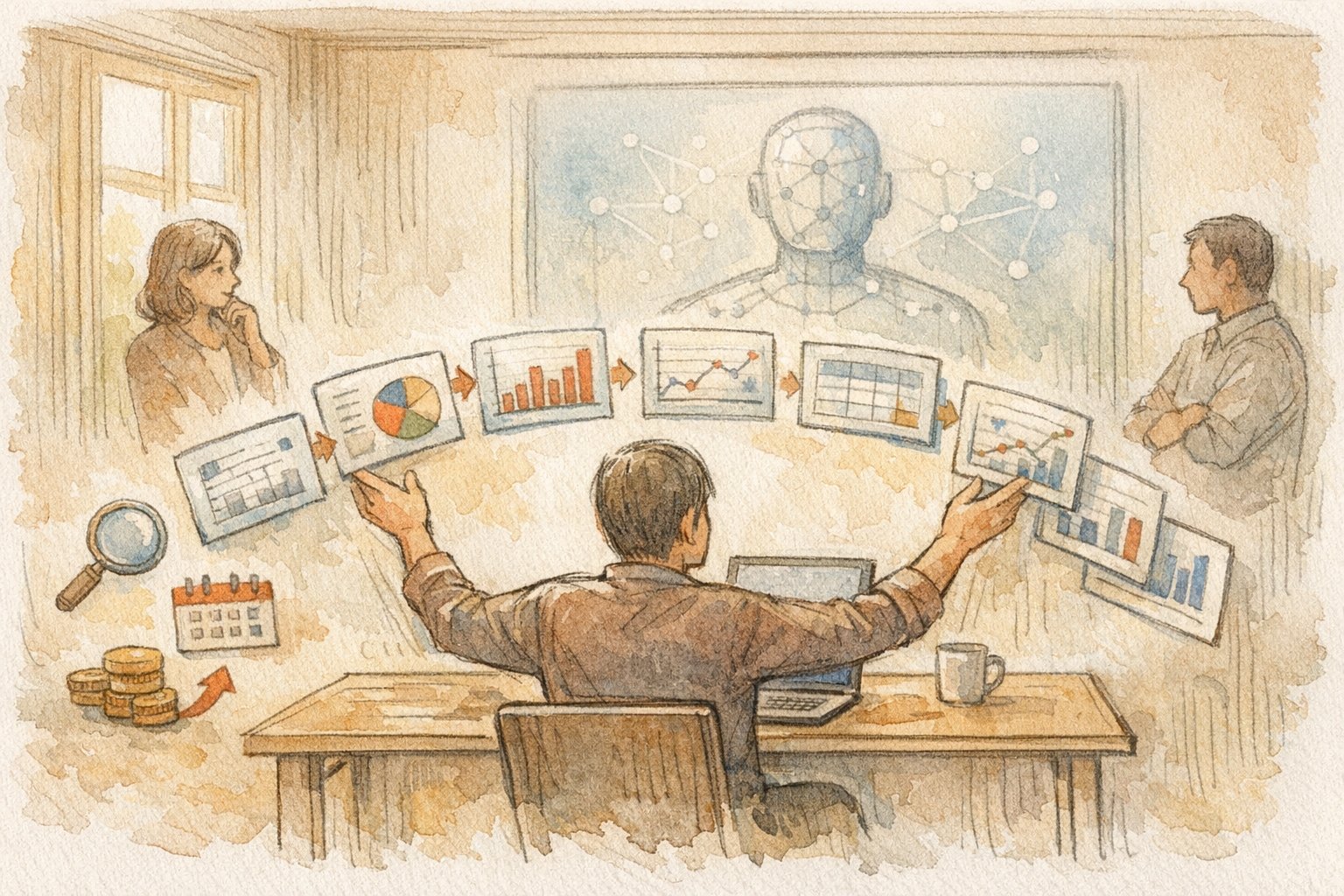 マーケ担当者がAI データ分析 やり方を整理しながら指示設計を考える様子