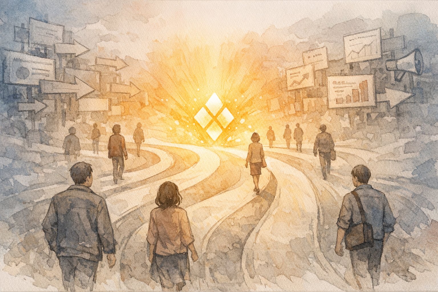 ブランド名 検索 増やす効果を象徴し、散漫な導線が中央の明るいブランドへ収束する様子