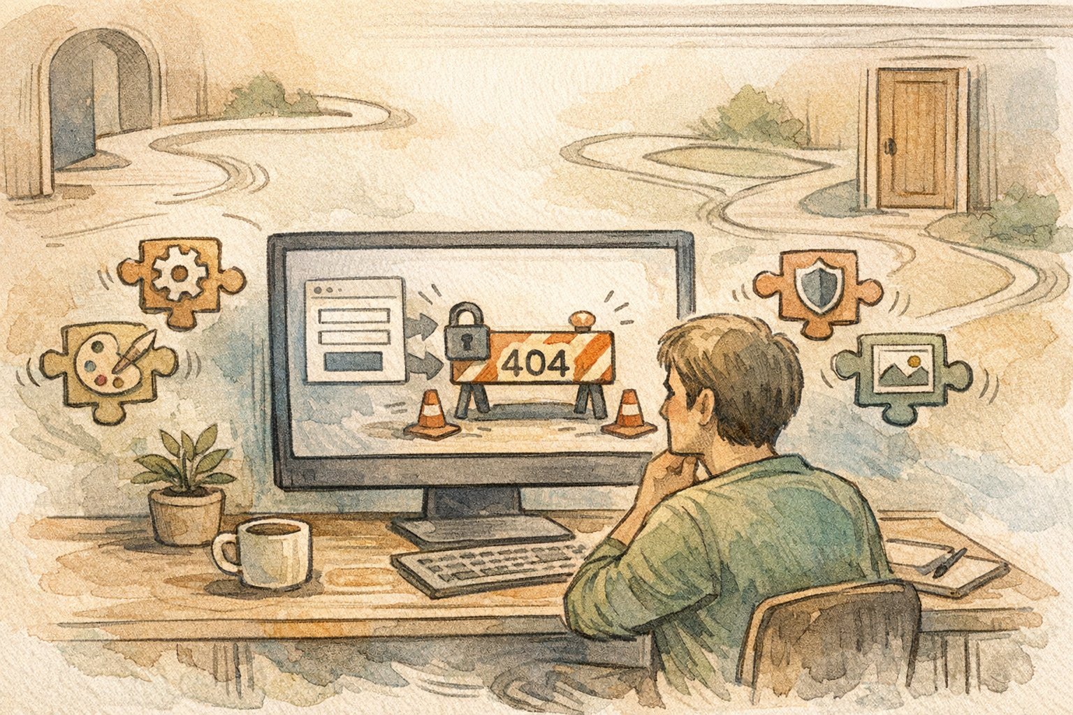 WordPress ログインできない 404原因を考えるデスクワークシーン、プラグインとテーマ変更の影響