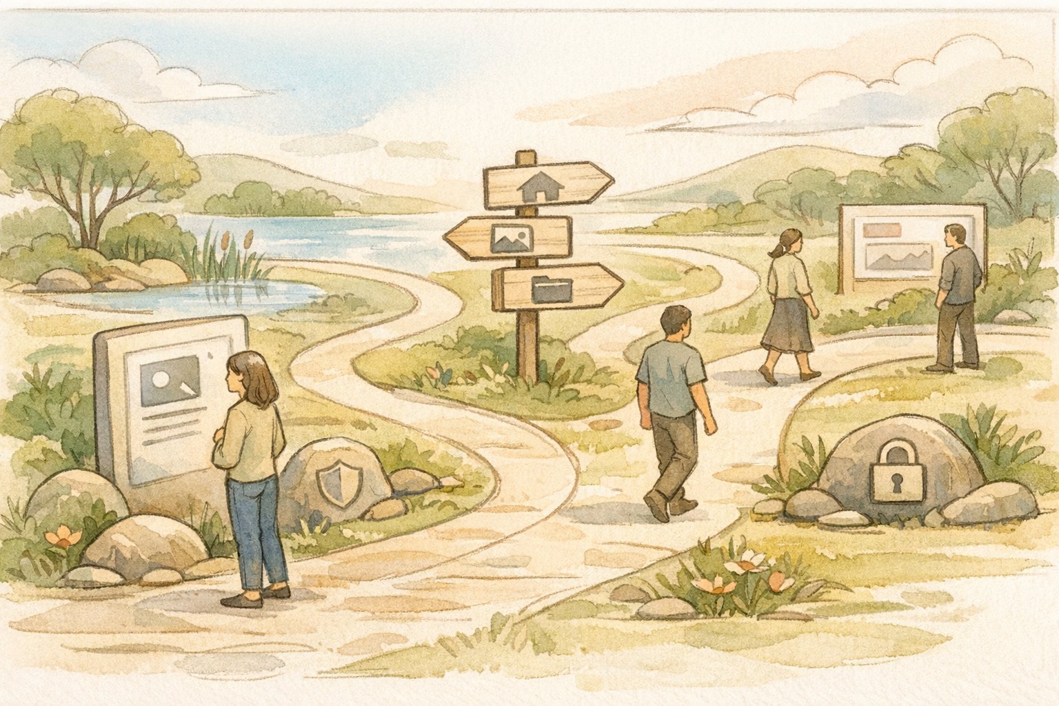 穏やかな庭園風のサイト全体像で内部SEO 対策 リストとユーザー体験の関係を表現