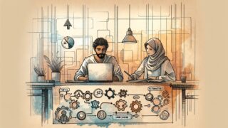 AI ツール API 連携で自動化と人の判断を分担するワークフローのイラスト