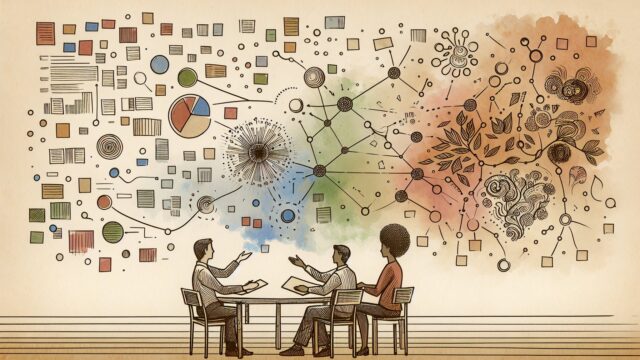 散らばったメモが整理される様子と人物を描いた、キーワードマップ 作り方の全体像イメージ